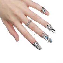 Juego de 4 anillos de uñas con punta de dedo para mujer, accesorios de apertura ajustable, accesorios de metal para uñas, uñas de garra, juego de anillos para uñas (azul)