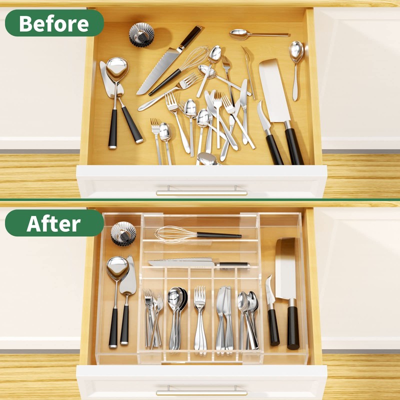 NIUBEE Expandable Kitchen Drawer Organizer for Flatware and Utensils,Clear Acrylic