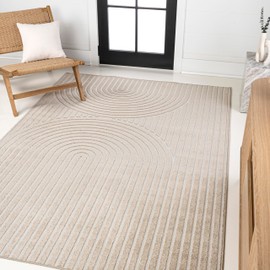 JONATHAN Y SCN109B-8 Sofia High-Low MidCentury Modern Arch Stripe Two-Tone Beige/Cream 8 ft. x 10 ft. Indoor/Outdoor Area Rug for Patio, Backyard, Living Room, Bedroom, Office, Hose-Washable