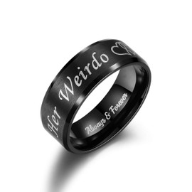 His Crazy Her Weirdo Heart Rings for Couples Always and Forever Matching Promise Rings Black Wedding Bands Sets for Him and Her Stainless Steel Comfort Fit (Men Size 9 & Women Size 7)