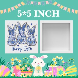 Easter Bunny Decor, Blue Floral Chinoiserie Easter Decoration, Grand Millennial Happy Eggs Decoration, Wooden Box for Farmhouse Home Bedroom Living Room Desk Shelf Tabletop Office