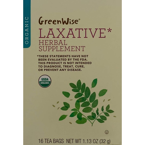 GreenWise Organic Laxative Herbal Supplement, Senna Leaf - Peppermint Leaf - Licorice Root - Fennel Seed, one box of 16 tea bags