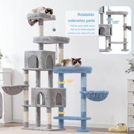 Hey-brother Cat Tree Tower, Scratching Posts with a Extended Part, Wide Platforms, Cozy Condos, Hammocks, Sisal Columns and Ball for Indoor Cats, 70.1 Inches, Light Gray MPJ038W