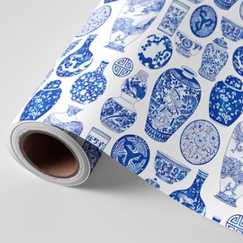 FYSUIMU Blue White China Wrapping Paper -Mini Roll- 17 Inch x 32.8Ft Chinoiserie Vases Gift Wrap Paper Art Paper for Baby Shower Birthday DIY Crafts