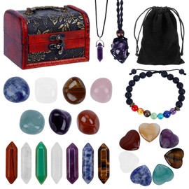 Dadabig Set of 28 Crystal Gemstones Mineral Stones Set with Chakra and Tumbled Stones Spherical Chakra Stones Heart Gemstone Crystal Necklaces Chakra Stones Set Gift