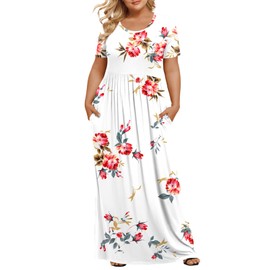 LONGYUAN Women's Short Sleeve Plus Size Swing Dress Maxi Long Wedding Dresses with Pockets Fl, 4XL Floral White