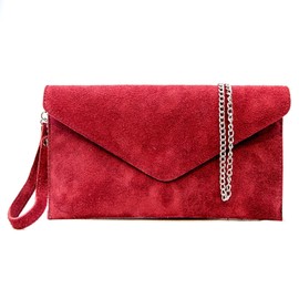 Italian 100% Genuine Suede Leather Envelope Clutch Bags, Flap Clutch Purse with Detachable Chain Strap for Party, Wedding and Occasions (Red)