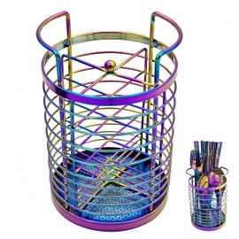 ZECNG Colorful Kitchen Organizer, Stainless Steel Countertop Holder for Serving Utensils, Rainbow Titanium Mesh Storage Caddy Baskets for Holding Knife Fork Spoon