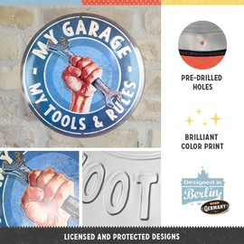 Nostalgic-Art Retro Tin Sign, Diameter 35 cm, My Garage – My Tools & Rules – Gift Idea for Motor Fans, Made of Metal, Workshop Decoration in Vintage Design with Saying, Tin Signs Sayings