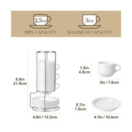 MALACASA 2.5 OZ Porcelain Espresso Cups with Saucers and Metal Stand Set of 4, Stackable Cappuccino Cups, White Expresso Shots Cup Set for Coffee Drinks, Latte, Tea
