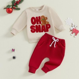 XIXIMAON Baby Girls Boys Christmas Outfits 2pcs Long Sleeve Gingerbread Embroidery Lettered Sweatshirt Jumper Elastic Pants Set Toddler Clothes (Khaki, 2-3T)