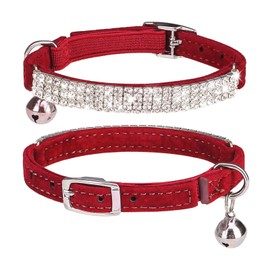 BINGPET Diamond Valentine's Day Cat Collar,Adjustable Soft Velvet Leather Safe Kitten Collar with Shiny Rhinestones and Bells,Girl Boy Breakaway Bling Stylish Cat Collars for Small Medium Cats,Red