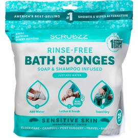 Scrubzz Disposable No Rinse Bathing Wipes for Senstive Skin - 25 Pack - All-in-1 Single Use Shower Wipes, Simply Dampen, Lather, and Dry Without Shampoo or Rinsing (Sensitive Skin, 1-Pack)