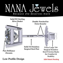 NANA Jewels Princess Cut Simulated Diamond Stud Earrings Silver & CZ Hypoallergenic - Platinum (5.0mm) 1.50ctw