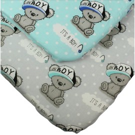 2-Pack Fitted Sheet for Baby, Toddler, Child, 100% Cotton Super Soft with Blue and Grey Boy's Teddy Pattern, for Bedside Crib, Compatible with Chicco Next2Me, Tutti Bambini Cozee, 55x90cm