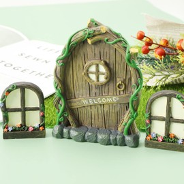 VGOL Set of 4 Fairy Door and Window with Lamp Glow in The Dark Miniature Window Mini Yard Resin Outdoor Ornament for Trees Fairy Garden Outdoor Decoration