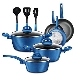 NutriChef Kitchenware Pots & Pans Stylish Cookware, Non-Stick Inside & Outside + Heat resistant Lacquer, Light Gray Inside and Blue Outside (12-Piece Set), One Size