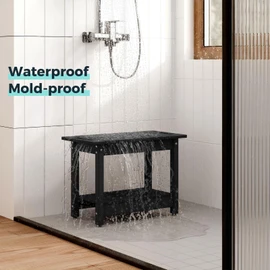 LAHAAP Waterproof Shower Bench, 24" Poly Lumber Shower Stool for Shaving Legs, Shower Chair Seat with Storage Shelf and Handles, Bathroom Bench for Inside Shower, Non-Slip (Black)