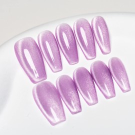 Sun&Beam Nails Handmade Press-On Medium Long Coffin Ballerina with Lavender Purple Cat Eye Design Charm Cute False Nail Tips 10 Pcs (#85 XS)