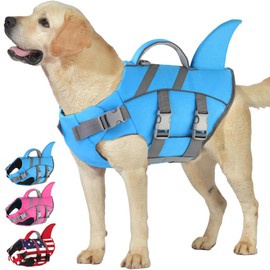 Dogcheer Dog Harness-Style Life Jacket Shark, Reflective Dog Life Vest for Swimming Boating, Adjustable Puppy Swim Vest, Pet Floating Device for Small Medium Large Dogs - Blue, XS