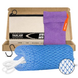 THURLADY African Net Bath Sponge, Exfoliating Body Back Scrubber for Shower, Exfoliating Washcloth, Gentle Exfoliation for All Skin Types, Includes 1 Soap Saver Bag & 1 Travel Pouch (Sky Blue)