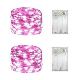 2 Pack Battery Operated Mini Lights,Indoor Led Fairy Lights with Timer 6 Hours on/18 Hours off for Wedding Party Decorations,50 Count Leds,18 Feet Silver Wire (Pink)
