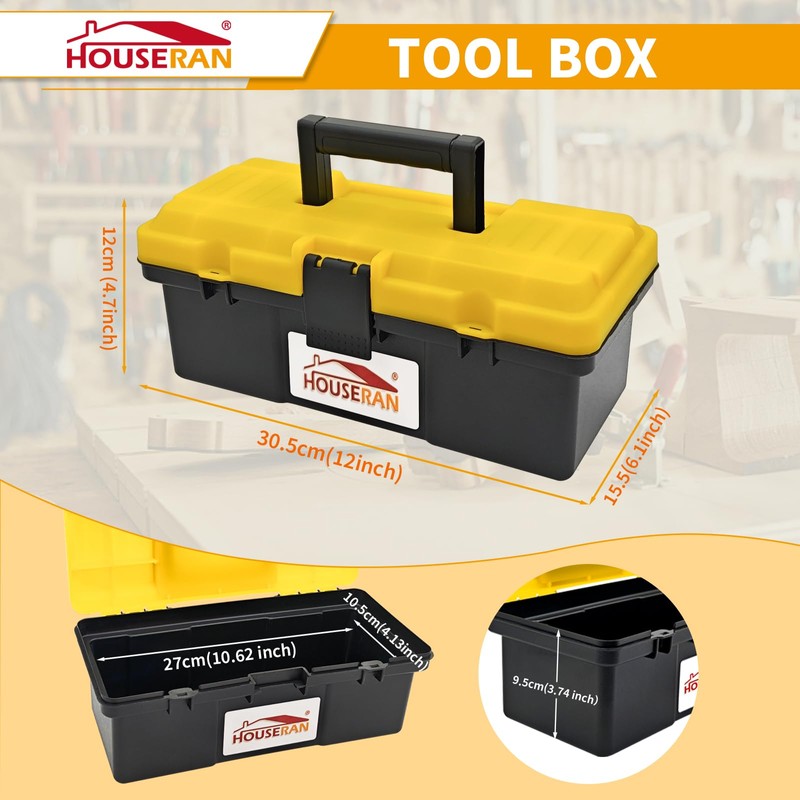 HOUSERAN Tool Box, Portable 12" Plastic Toolbox with Handle, lockable