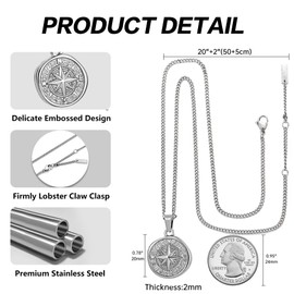 murtoo Retro Star Compass Necklace for Men and Women, Silver Octagram Star Carved Compass Pendant with Curb Chain Unique Gifts for Men, 24 inch Silver