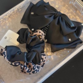 Fashion Hair Bows Set, Black Satin and Leopard Print, Hair Accessories with Rhinestone Details