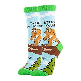 ooohyeah Women’s Novelty Bigfoot Crew Socks, Crazy Funny Cotton Dress Socks Stocking Stuffer Gift - Believe, Shoe Size 5-10