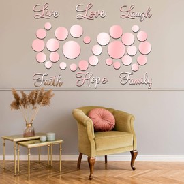 Zonon 3D Acrylic Mirror Wall Decor Stickers 6 Word DIY Faith Live Laugh Hope Love Family Mirror Wall Decor 26 Solid Circle Stickers for Home Bedroom Office(Rose Gold)