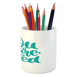 Ambesonne Saying Pencil Pen Holder, You Are So Loved Text Handwritten Lettering Romantic Valentines Day Theme, Printed Ceramic Pencil Pen Holder for Desk Office Accessory, Turquoise and White