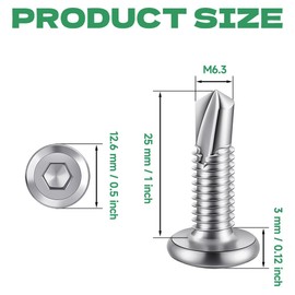 HXJDAM Pack of 60 Self-Tapping Screws, 410 Stainless Steel Flat Head Hex Socket Screws Drilling Screws, M6.3 x 25 mm Tapping Screws, Silver, with Hexagon Socket Drill