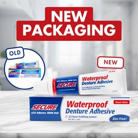 Secure Waterproof Denture Adhesive - Zinc Free - Extra Strong Hold For Upper, Lower or Partials - 1.4 oz (Pack of 5)