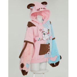 Micotaku Sheep Paw Hoodie Color Clash Hoodie Daily Wear Pink and Blue