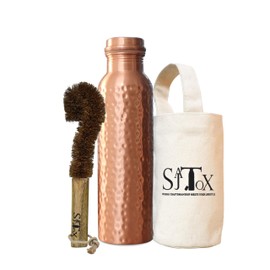 SAJTOX 32oz Hammered Large Pure Clear Copper Water Bottle Leak Proof Travel Big Size Water Bottles for Drinking Water & Ayurvedic Health benefits With Canvas Bag & Bottle Cleaner Brush