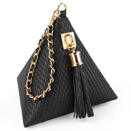 Leather Triangle Wristlet Clutch Purse Handbag - Pyramid Evening Cocktail Wallet Detachable Strap & Tassel Charm