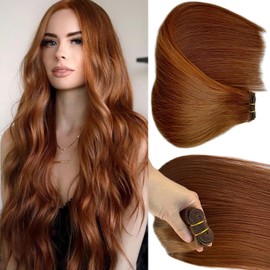 Light Auburn Brown Sew in Hair Extensions Real Human Hair 20 Inch 100G Hand Tied Weft Hair Extensions Human Hair Color Copper Sew in Weft Hair Extensions Remy Human Hair Bundles for White Women