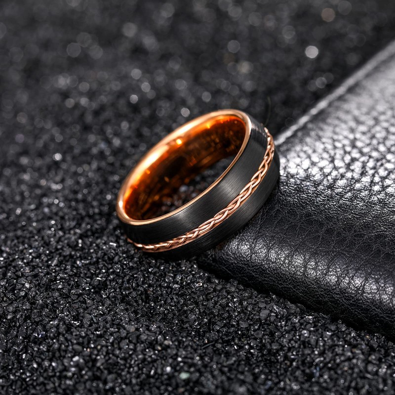 8mm Mens Tungsten Ring Grooved Rope Rings Black Wedding Band