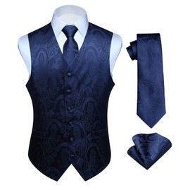 Hisdern Men's Paisley Floral Jacquard Waistcoat&Necktie and Pocket Square Vest Suit Set, Navy Blue, 4XL(Chest 57 inch)