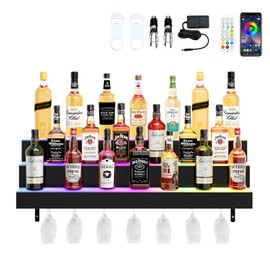 Dethan 3 Tier 40 Inch LED Lighted Liquor Bottle Display Shelf - Wall-Mounted Wine Rack with Multi-Color App & Wireless Remote Control, Adjustable Brightness & Sound Modes, Acrylic Bar Shelves Displays