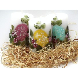 Small 2 Inch Tall Decorative Hand Painted Pastel Easter Egg Votive Candles with Tiny Roses and Vines Set of Three Spring Decorations