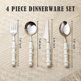 Koythin 4-Piece Cutlery Set, Stainless Steel Flatware Sets with Chubby Bubble Pattern Ceramic Handle, Utensils including Knife Fork Spoon (White)