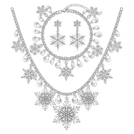 VOGUEKNOCK Christmas Jewelry Set Christmas Snowflake Charm Necklace Bracelet Christmas Gift Bow Dangle Earrings Xmas Holiday Jewelry Gifts for Women (Silver Snowflake)