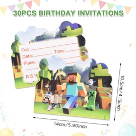 LKNBIF Minnecraft Invitations Cards, 30PCS Minnecraft Party Invitations Kids Birthday Invitations Cards Set Theme Party Decorations Accessories Party Celebrations Supplies Invites for Birthday