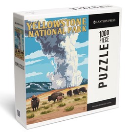 Lantern Press 1000 Piece Jigsaw Puzzle, Yellowstone National Park, Wyoming, Old Faithful Geyser and Bison Herd