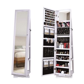 soges Lockable Jewelry Cabinet with Full Length Mirror, 360 Degree Rotatable Jewelry Organizer Cabinet,Standing Large Jewelry Armoire Cabinet Full Mirror Jewelry Holders,White