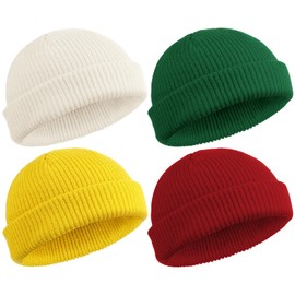 SATINIOR 4 Pieces Trawler Beanie Watch Hat Roll up Edge Skullcap Fisherman Beanie Unisex (Red, White, Yellow, Green)