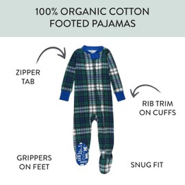 HonestBaby Baby 1 Holiday Non-Slip Footed Pajamas One-Piece Sleeper Zip-Front Pjs 100% Organic Cotton, Gordon Plaid, 12 Months