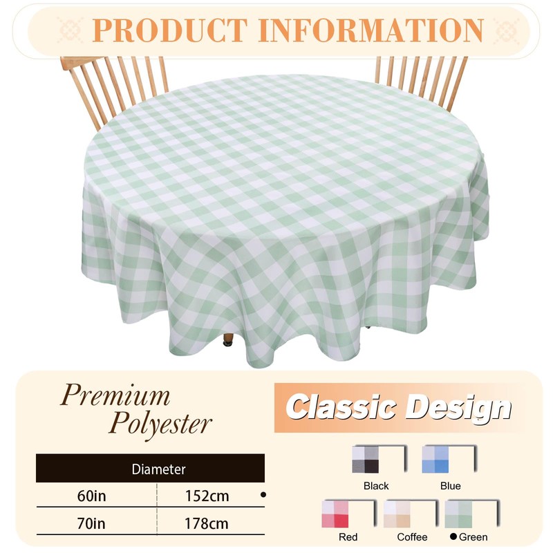 Round Gingham Tablecloths Polyester 60 Inch Diameter, Checkered Table Cloth